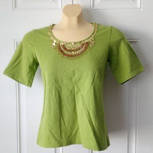 CHICO'S Green Beaded Neck Tee-Shirt Top Sz 0 CUTE!